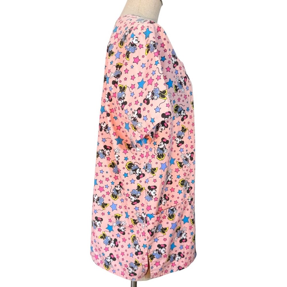 Disney Minnie Mouse Scrub Top Pink Stars V-Neck Medical Nursing Size L Cartoon - Picture 3 of 6